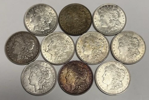 Half Roll of 10 1921-P Morgan Silver Dollars (mostly AU), U.S. $1 Coins lot set