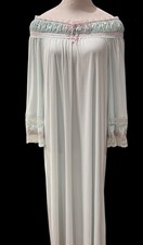 Vtg 50s-60s Off-the-Shoulder Flannel Nightgown Pale Blue w/ Ribbon Satin Lace M