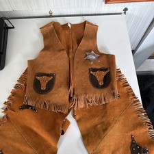 VTG Childs Suede Cowboy Western Play Set Costume Chaps Vest size L
