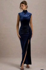 Club L London Gown Womens 2 Abilene Maxi Dress XS Blue Velvet Formal High Neck