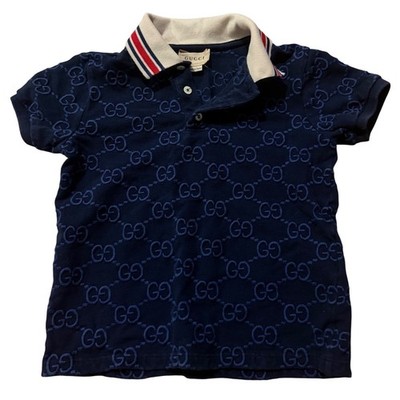 Gucci Kids Navy Blue GG Monogram Polo Shirt Web Stripe Collar Size