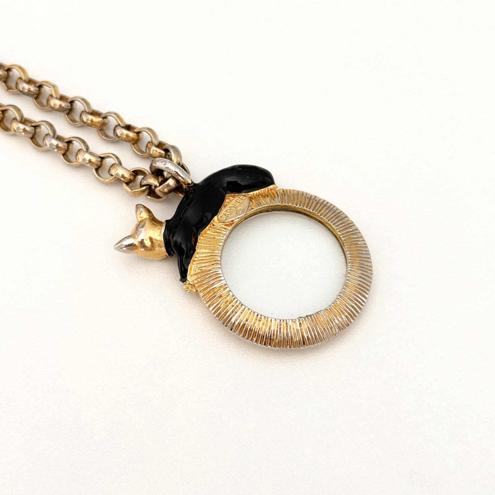 Vintage Rare Carolee Black Kitty Cat Enamel Magnifying Glass Chunky Necklace image 4