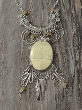 Large Green Agate Stone Silvertone Egyptian Style Necklace 21" Chain