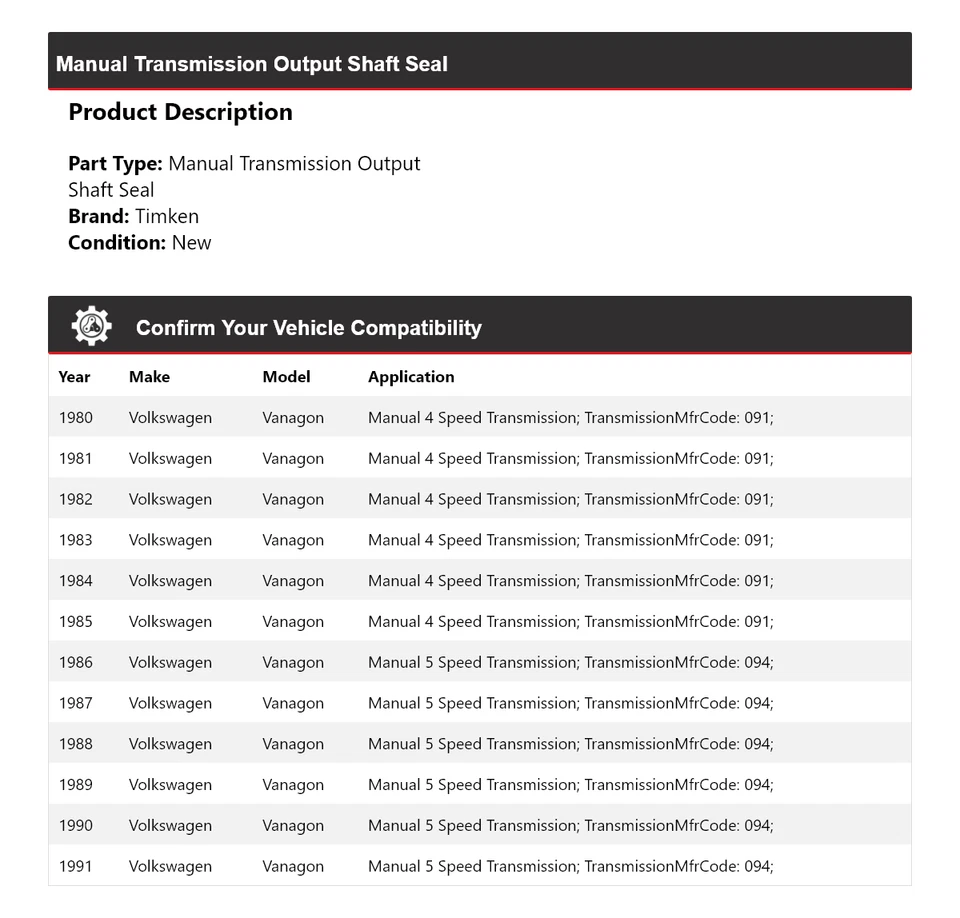 Sello del eje de salida de transmisión manual Timken para Volkswagen Vanagon 1980-1991 Foto 2 de 4