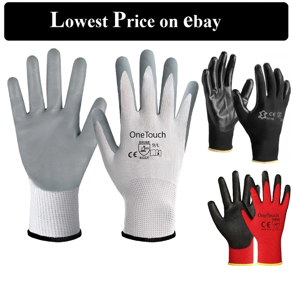 24 Pairs 100% NITRILE COATED Red Black Nylon Work Gloves Builders Gardening Grip