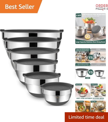Stainless Steel Mixing Bowls Set 6 Pcs Airtight Lids Non-Slip Dishwasher Safe