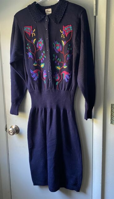 Vintage Darian Sweater Dress Blue Embroidered Floral 80&#039;s Lacey Collar Medium