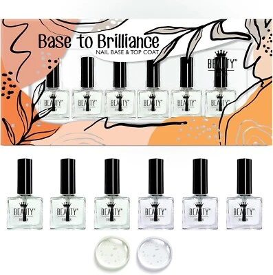 BEAUTY4BRITAIN 6 x BASE COAT & TOP COAT NAIL VARNISH POLISH SET CLEAR NAIL VARNISH 10 ML BOTTLE