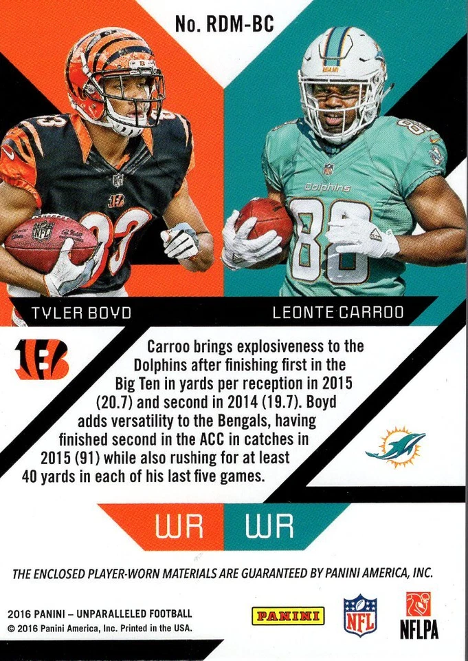 2016 Panini Unparalleled Rookie Dual Mem 17 Leonte Carroo Tyler Boyd Jersey /149 - Image 2 of 2