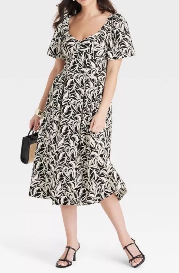 short sleeve black and white dress Women's Midi notched mini hem