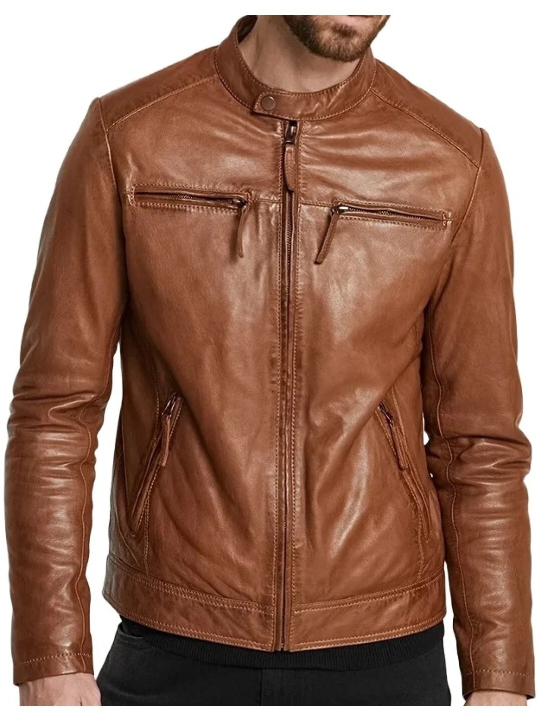 Leather Jacket Men's Biker Motorcycle Style Men Sheep Skin Racer Soft Tan 46 - second product detail image
