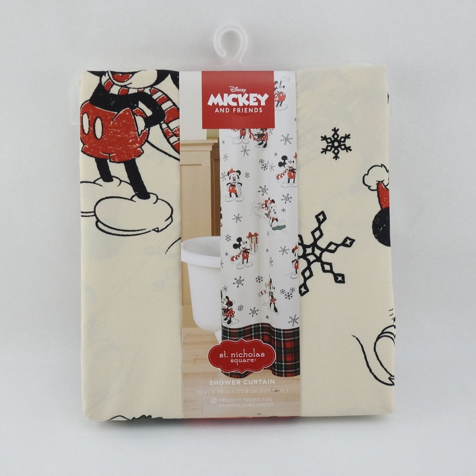 New Disney Christmas Fabric Shower Curtain Mickey Minnie Plaid Cream