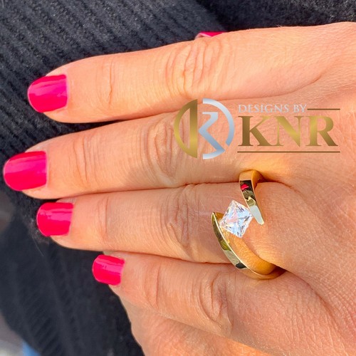 PRINCESS MOISSANITE ENGAGEMENT RING TENSION SOLITAIRE 14K SOLID YELLOW GOLD 1.00 - Picture 4 of 11