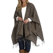 Woolrich Leopard Cozy Blanket Wrap Shawl Poncho Ruana Fringe Hem One Size