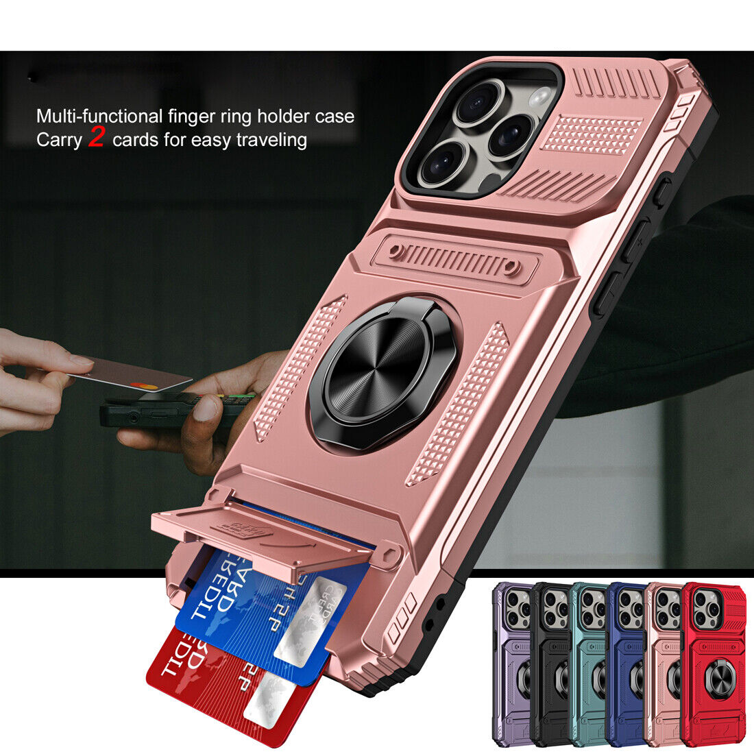 Shockproof Card Holder Ring Stand Case for iPhone 16 15 14 Plus 13 Pro Max-image