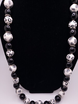High End Black&white Beautiful Polymer Clay Beaded Necklace Made In USA 