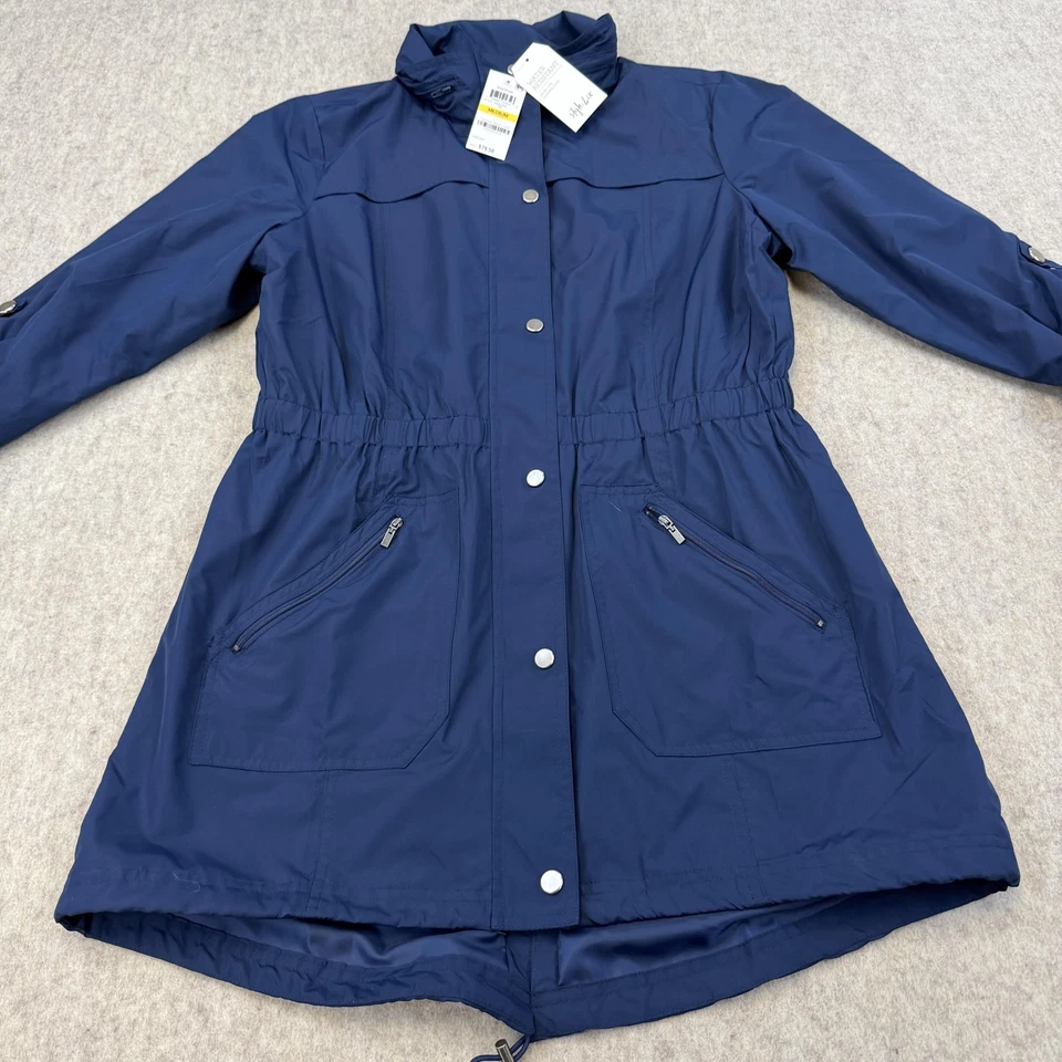 Style & Co Anorak Jacket Womens Medium Blue Ink Water Resistant Hooded Raincoat - Image 2 of 4