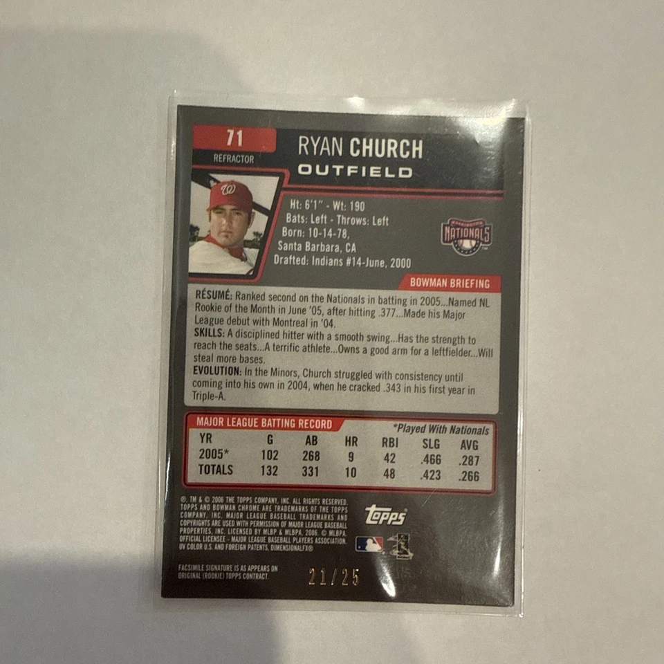2006 Ryan Church /25 Bowman Chrome #71 Orange Refractor RARE Foto 2 de 3