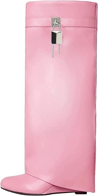 Womens Pink Thigh High Boots Wedge Heel Fold Over Lock Knee High Fashion Boots