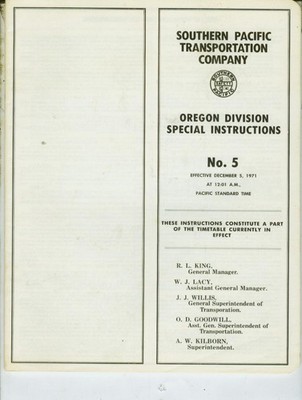 SOUTHERN PACIFIC RY.  ETT TIMETABLE SPL. INSTRUCTIONS #5  OREGON DIV. 12-5-1971.