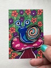 Original Snail ACEO Painting Whimsical Blue Snail Pink Mushroom Mini Art Floral — photo 2