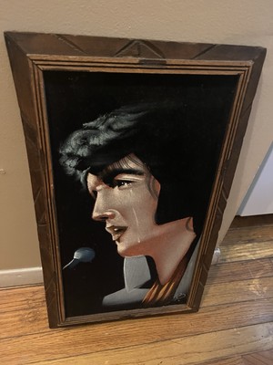 Vintage Elvis Presley Black Velvet Hand Painted Art Painting 23” x
