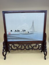 CHINESE ORIENTAL TABLE SCREEN HARDWOOD EMBROIDERED IMAGE BIRDS