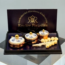 Reutter Porcelain Copper Pots & Pans Blue Onion Germany Dollhouse Miniature 1:12