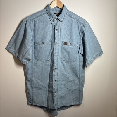 Wrangler Rigg Workwear Herren blau Chambray Kurzarm Hemd Größe Large 