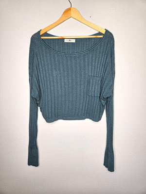 NATURAL LIFE Ribbed Crop Sweater Large Teal Long Sleeve Pocket Boho Top