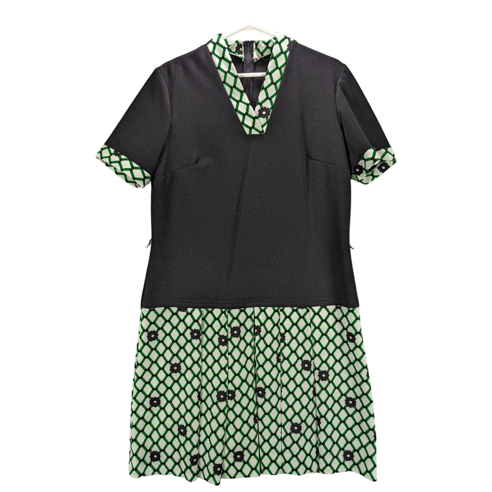 Vintage Drop Waist dress Womens 10 Black Green Zips V-neck Grandma Cottage READ