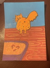 Aceo Original Hand Drawn Acrylic Marker Funny Cat Leaving Litter Box Present