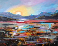 Original Painting On Canvas. Handmade Art. Acrylic. Mountain Water Landscape. 