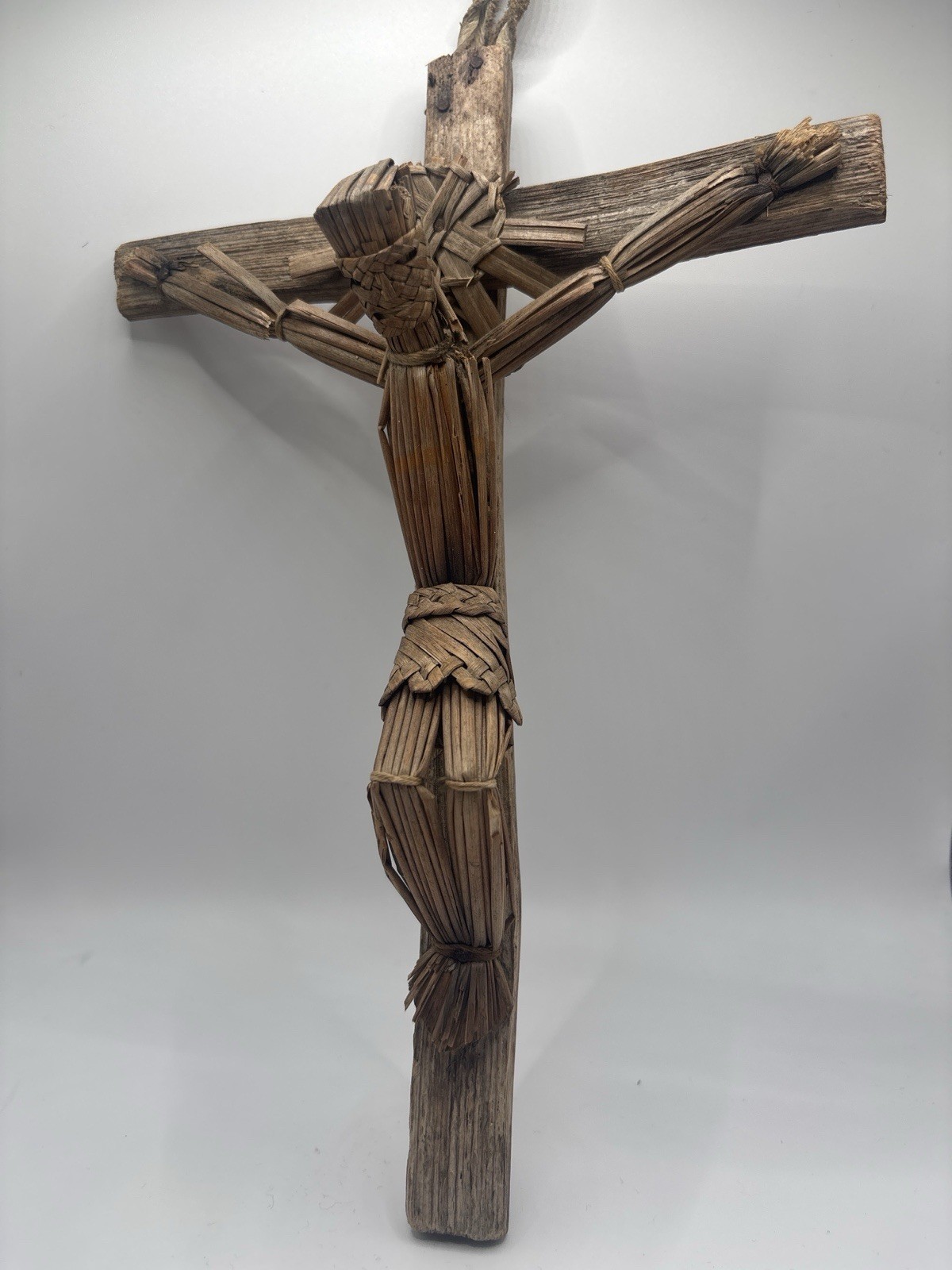 Vintage Straw Folk Art Crucifix Handmade Rustic Religious Wall Cross