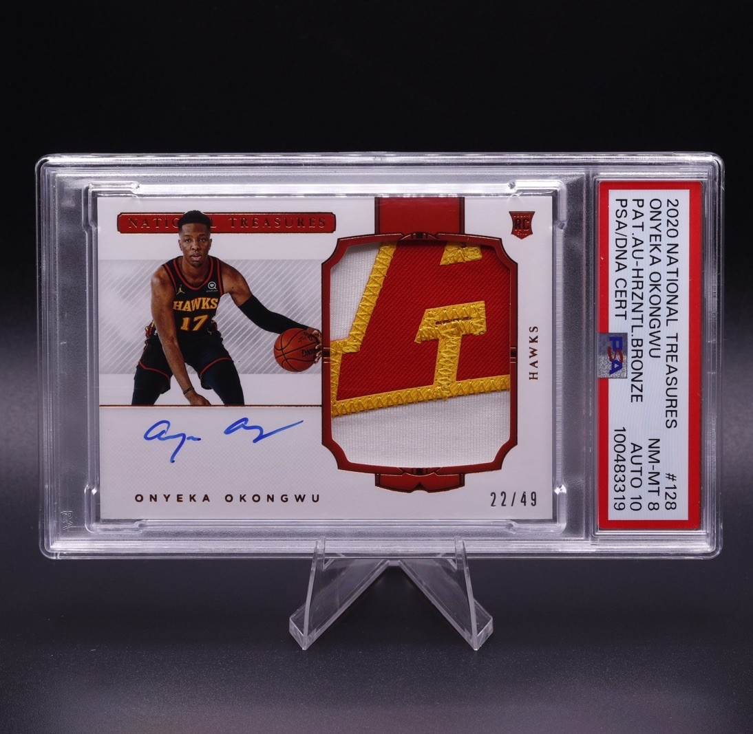 2020 Panini National Treasures Onyeka Okongwu /49 PSA 8 Auto 10 Patch RC #128
