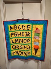 Handmade Alphabet Back To School Themed Baby Quilt Wall Hanging Colorful 39 X 39