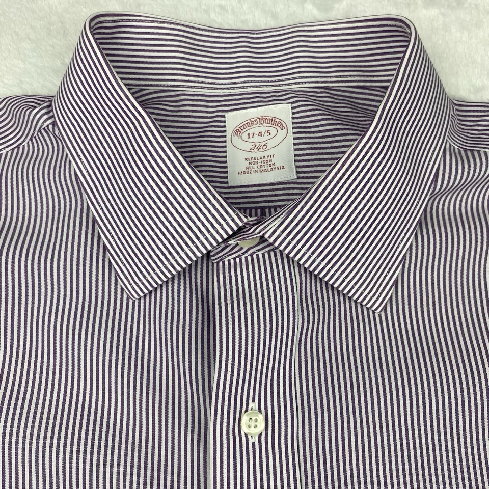 Brooks Brothers Mens Dress Shirt 17-4/5 Purple/White Stripes Regular No Iron - Image 3 of 4