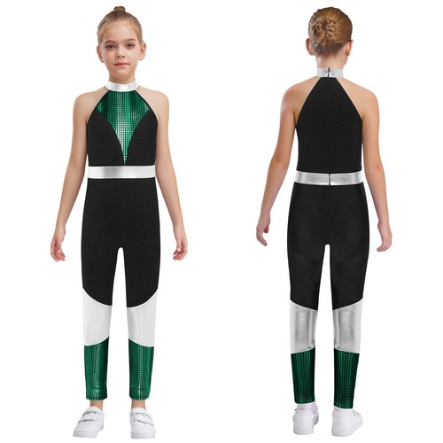 Girls Metallic Shiny Plaid Patchwork Gymnastics Dance Leotards Rompers Bodysuit - Picture 25 of 45