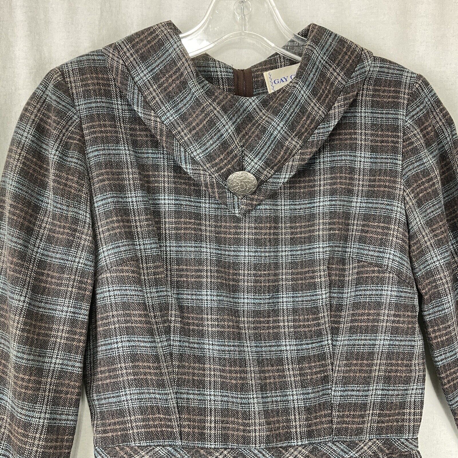 Vtg 60's Gay Gibson Plaid Flannel Dress Blue Brow… - image 2