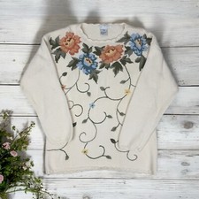 Flower Embroidered Chunky Knit Pullover Sweater 90s Cottagecore Grannycore Boho