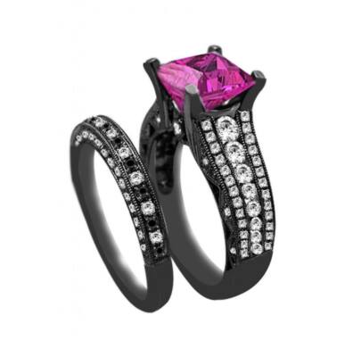 3.34 Ct Pink Princess Diamond Bridal Set Silver Ring Lab Created Christmas Gift