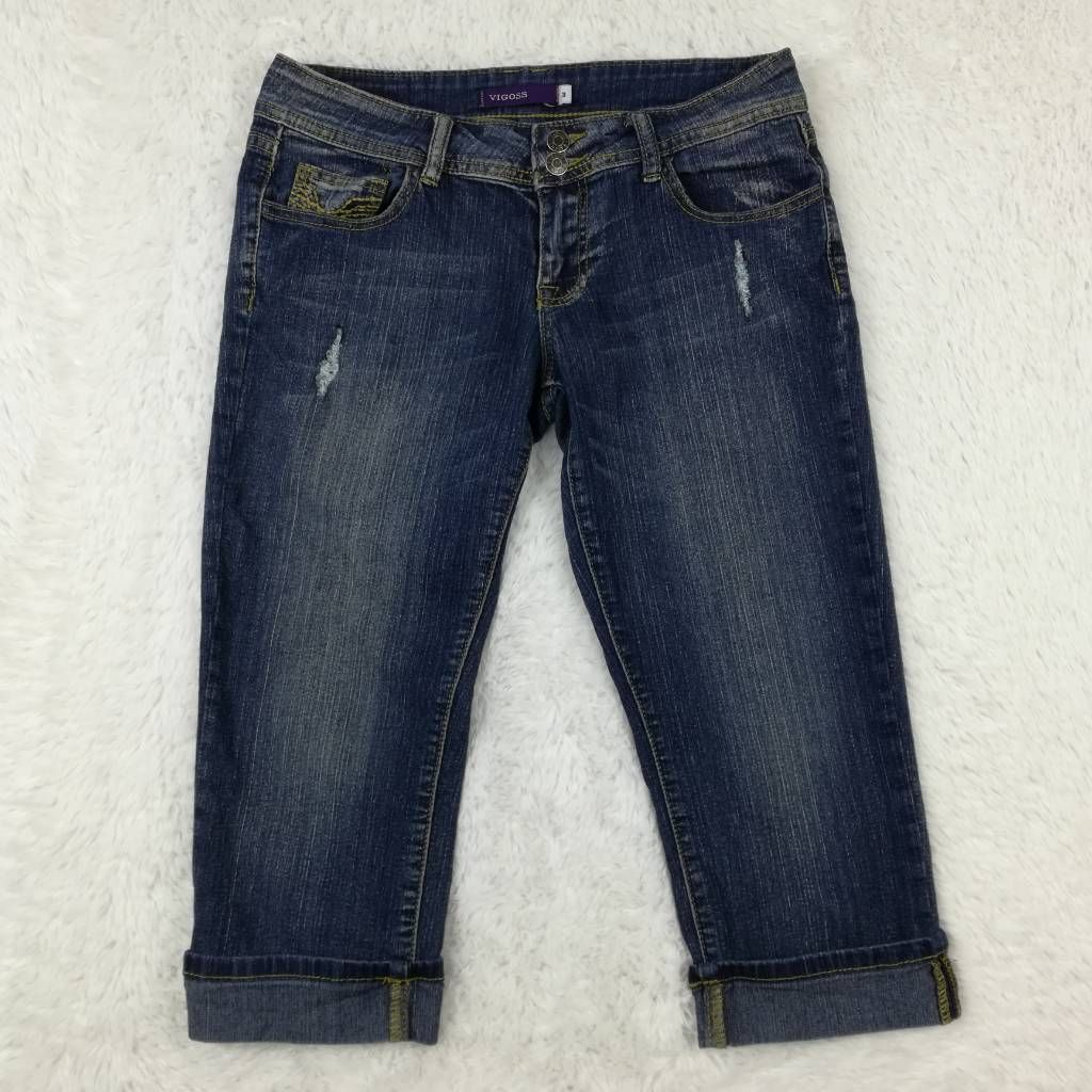 Vigoss Womens Capri Jeans Blue Denim Rips Cuffed Medium Wash Mid