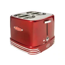 Retro Series 4-Slice Red Hot Dog and Bun Toaster with Crumb Tray and Mini Tongs