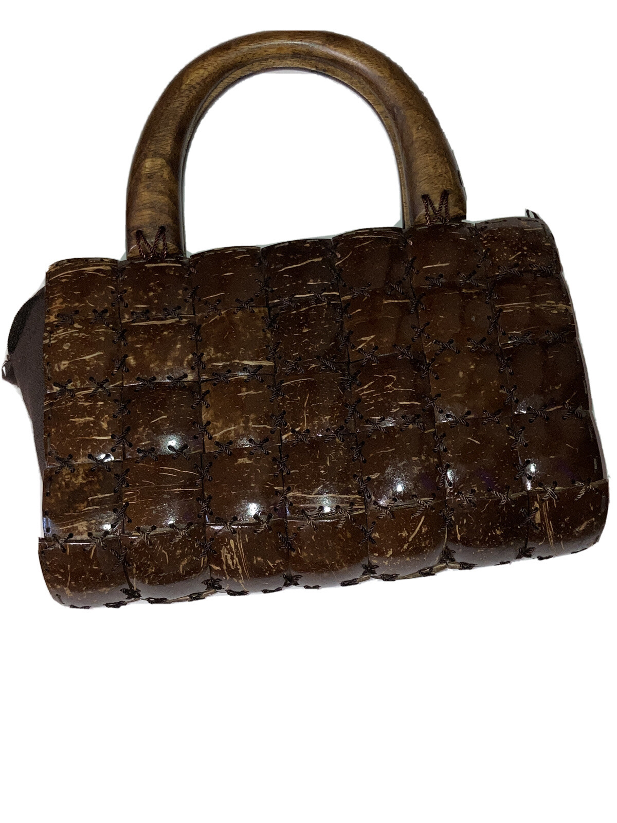 Handmade Coconut Shell Woven Patchwork Brown Zip … - image 2