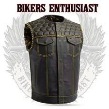 Men's Black Leather Vest Motorcycle yellow Paisley Lining Concealed Waistcoat