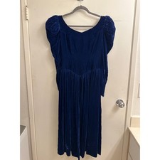 Vintage 80s Union Made Blue Velvet Dress w/ Satin Bow Whimsigoth Glam Sz 10