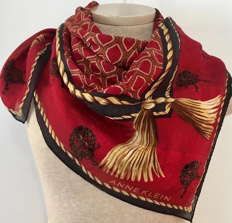 VTG 80s-90s ANNE KLEIN Red/Gold/Black Tassel Print Lion Charm SILK SCARF~32x34”