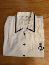VTG 90s GITANO Womens Sz M Nautical Top Smock White Navy Anchor Button-Up