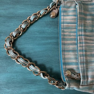 B Makowsky Leather Shoulder Bag Blue Metallic Striped Glamorous Chic Boho Purse