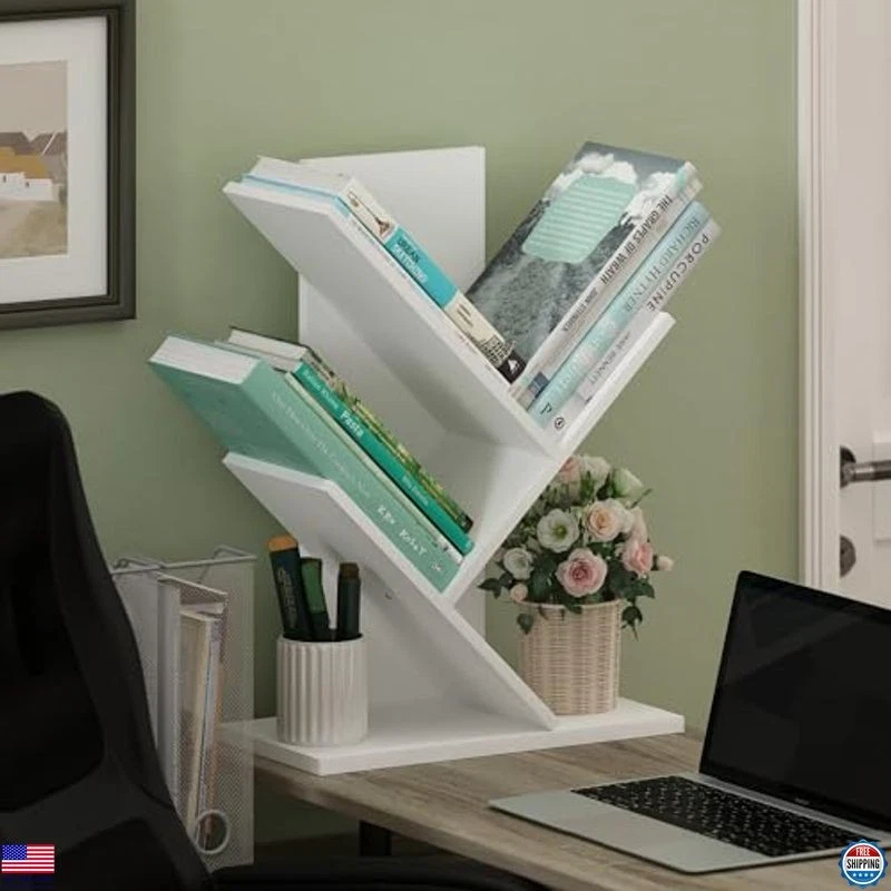 3-Tier Floor Standing Tree Bookshelf Bookcase - White Wood Storage Unit - Image 2 of 4